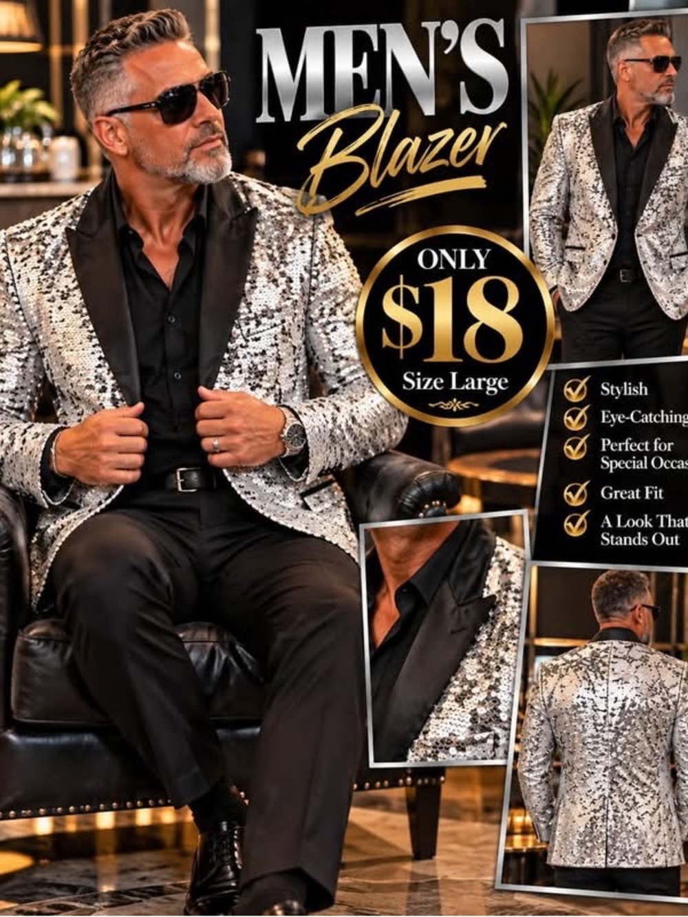 Men's Silver Sequin Blazer - Elegant Event Jacket